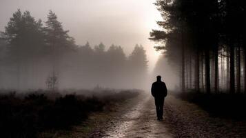 Man walking alone on a misty path through a dense forest at dusk photo