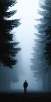 Man walking through a misty forest with tall trees in the early morning photo