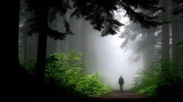 Walking through a foggy forest with dense greenery and tall trees photo