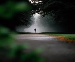 Mysterious figure walking alone on a misty path in a tranquil forest setting photo