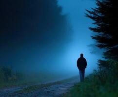 Mysterious figure walking along a foggy forest path during twilight photo