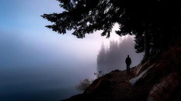 Hiker explores foggy trail by serene lakeside in early morning light photo