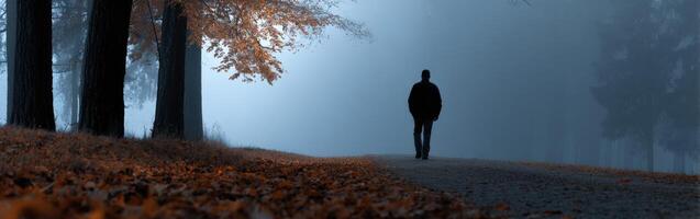 Person walking alone on a misty path surrounded by autumn foliage photo