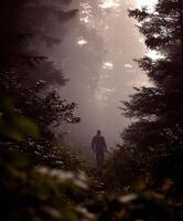 A man walking through the woods in the fog photo