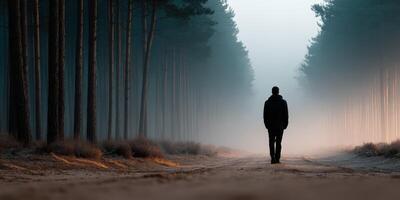 Silhouetted figure walking along a misty forest path at dawn photo