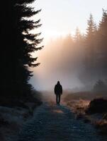 Foggy morning walk in a tranquil forest setting at sunrise photo