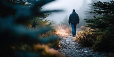 Person walking through a foggy forest path during early morning hours photo