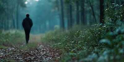 Man walking alone on a misty forest path surrounded by greenery photo