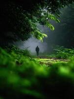 Solitary figure walking through a misty forest path surrounded by greenery photo