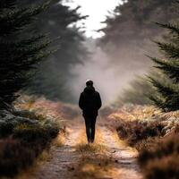 Mysterious wanderer walking through foggy forest path at dawn photo