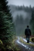 Hiker walks along a muddy forest trail on a foggy day in nature photo