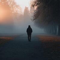 Mysterious fog envelops a lone walker during early morning light in a park photo