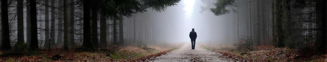Person walking alone on a misty forest path during early morning hours photo