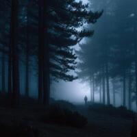 Mysterious figure walks through foggy forest at dusk in tranquil setting photo