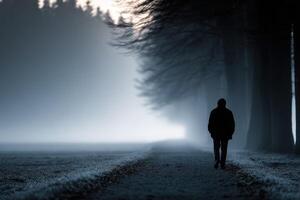 Silhouette of a person walking through foggy forest paths at dawn photo