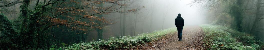 Mysterious figure walking down a foggy forest path in early morning light photo