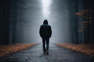 Mysterious figure walks down a foggy forest path in autumn photo