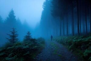 Walking alone in a misty forest during early morning hours photo