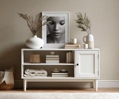 Modern living room decor with neutral tones and minimalist design elements photo