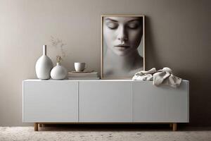 Modern interior decor arrangement featuring a serene artwork on display photo