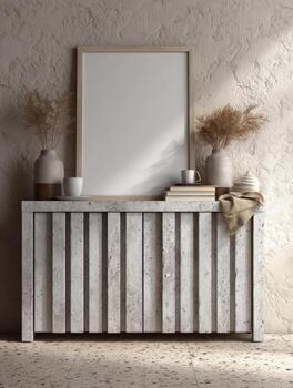 Modern rustic console table styled with neutral decor and minimalist design photo