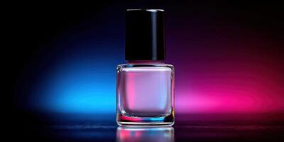 Colorful nail polish bottle illuminated by vibrant lights at night photo