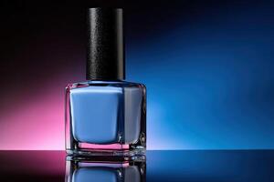 Vibrant blue nail polish bottle on reflective surface with colorful backdrop photo