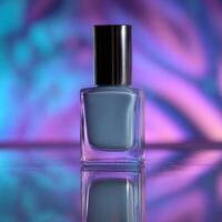 Colorful nail polish bottle on reflective surface against vibrant background photo