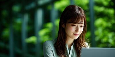 Young woman working on laptop in a bright, green indoor space photo