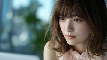 Woman with soft features gazing thoughtfully in a modern indoor setting photo