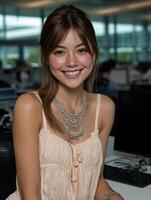Smiling young woman in office environment with computer and natural light photo