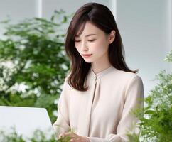 Woman working on a laptop surrounded by green plants in a modern space photo