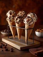 Delicious ice cream cones served on a wooden tray in a cozy setting photo