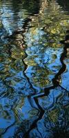 Serene reflections of trees in rippling blue water at daytime photo