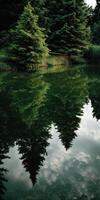Tranquil pond scene reflecting evergreen trees in nature photo