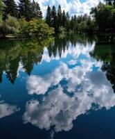 Serene lake reflection of sky and trees in nature park photo