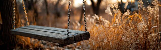 Old wooden swing hangs in an overgrown autumn field photo
