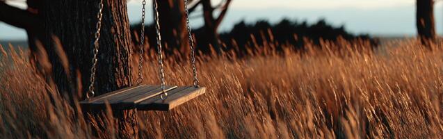 Old tree swing in field of golden grass during sunset photo
