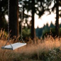 Empty swing hangs on a chain in a field near woodland photo