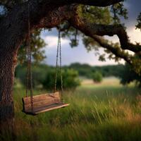 Tree swing hanging from oak branch in green field photo