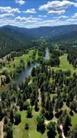 Stunning aerial view of a lush green valley with winding river and mountains photo
