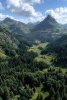 Lush green valley with mountains and a winding river under clear skies photo