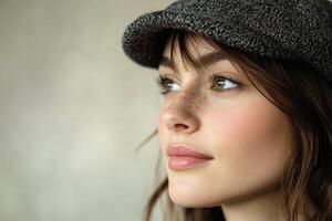 Young woman wearing cap and looking at something nearby photo