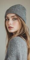 Portrait of a young Woman Wearing a Knit Beanie Hat photo