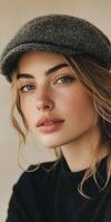 Beautiful woman wearing a gray hat poses for portrait photo