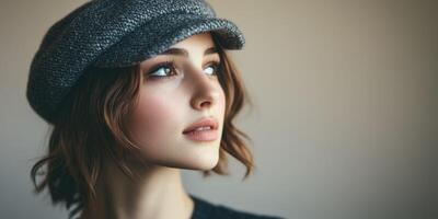 Young woman in gray cap looking upward during daytime photo