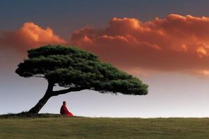 Monk meditates under large Tree at Sunset on grassy Hill photo