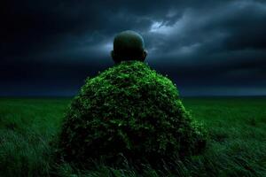 Figure covered in foliage stands in a grassy meadow at night photo