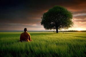 Buddhist monk meditates in grassy field during a colorful sunset photo