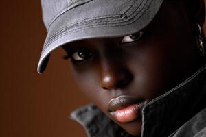Portrait of beautiful woman with grey cap looking intensely photo